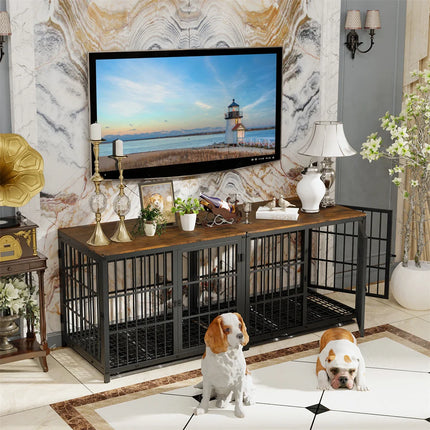 Furniture Large Wooden Dog Crate Indoor Elevated Dog Kennel End Table Lattice Playpen with 3 Doors Removable Tray