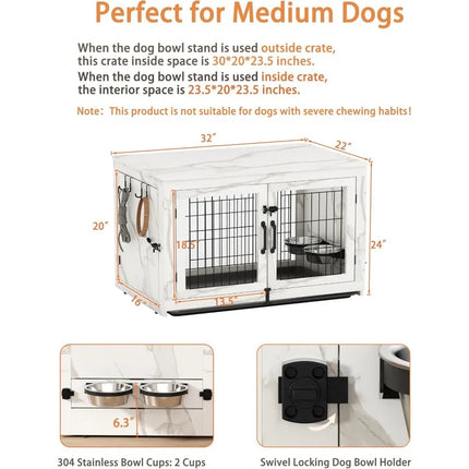 Wooden Dog Crate & End Table with 360°Rotatable Bowls & Tray, Marble White