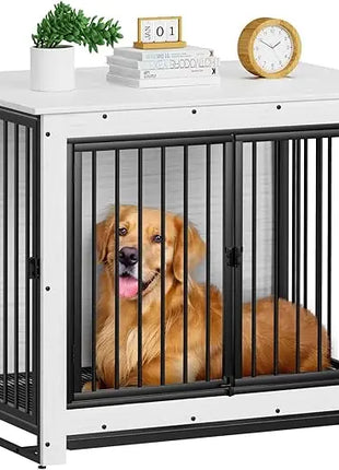 Dog in a black metal crate with a white top, surrounded by books and a plant on a white background