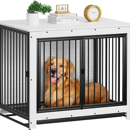 Dog in a black metal crate with a white top, surrounded by books and a plant on a white background