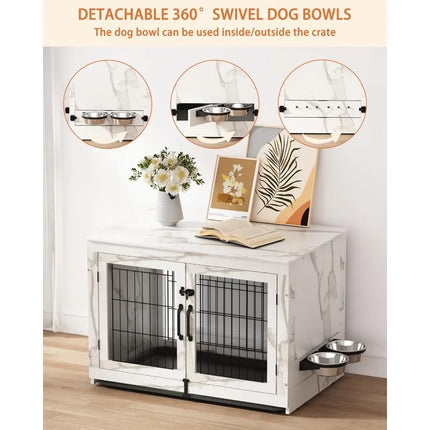 Wooden Dog Crate & End Table with 360°Rotatable Bowls & Tray, Marble White