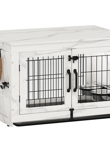 Wooden Dog Crate & End Table with 360°Rotatable Bowls & Tray, Marble White