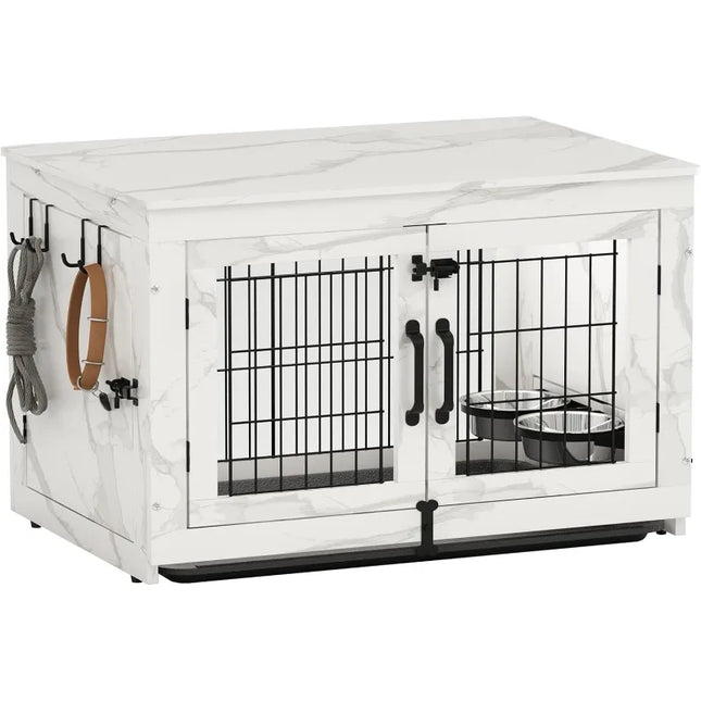 Wooden Dog Crate & End Table with 360°Rotatable Bowls & Tray, Marble White