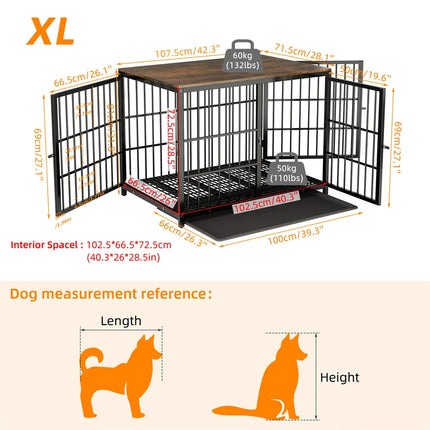 Furniture Large Wooden Dog Crate Indoor Elevated Dog Kennel End Table Lattice Playpen with 3 Doors Removable Tray
