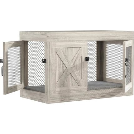 Furniture Crate with Double Doors, 36 Inch Wooden Dog Kennel End Table Indoor with Mesh
