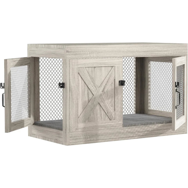 Furniture Crate with Double Doors, 36 Inch Wooden Dog Kennel End Table Indoor with Mesh