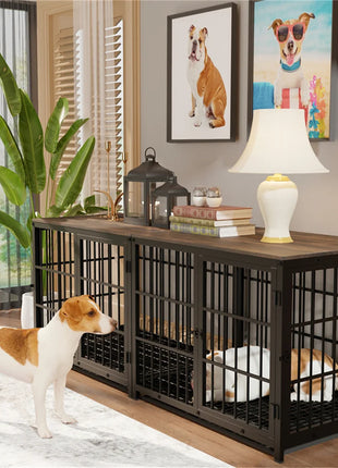 Furniture Large Wooden Dog Crate Indoor Elevated Dog Kennel End Table Lattice Playpen with 3 Doors Removable Tray