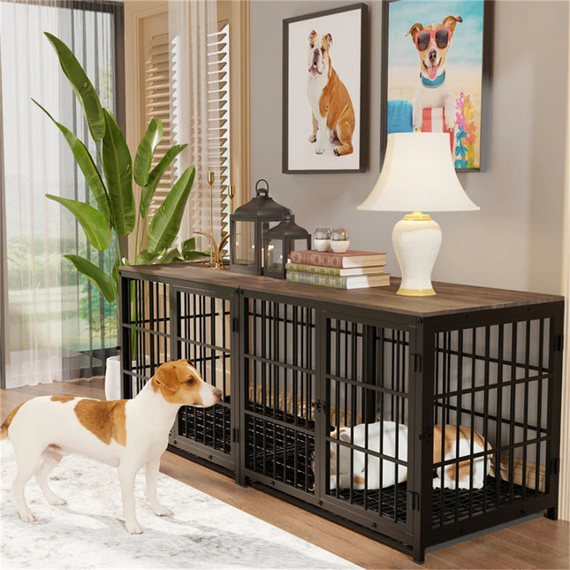 Furniture Large Wooden Dog Crate Indoor Elevated Dog Kennel End Table Lattice Playpen with 3 Doors Removable Tray