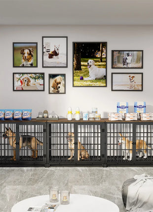 Furniture Large Wooden Dog Crate Indoor Elevated Dog Kennel End Table Lattice Playpen with 3 Doors Removable Tray