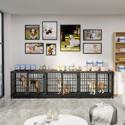 Furniture Large Wooden Dog Crate Indoor Elevated Dog Kennel End Table Lattice Playpen with 3 Doors Removable Tray