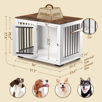 Furniture Dog Crate for Large Dogs Up to 60 lbs. - Decorative Puppy Kennel w/Wide Farmhouse Table Top & Steel Bars - 37'' Wide