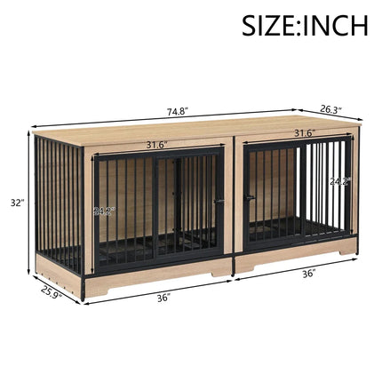 Furniture Dog Crate, XL Large Double Dog Cage with Tray for Medium Large Dogs, Wooden Dog
