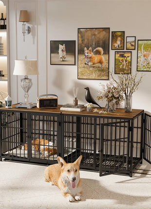Furniture Large Wooden Dog Crate Indoor Elevated Dog Kennel End Table Lattice Playpen with 3 Doors Removable Tray