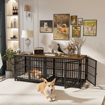 Furniture Large Wooden Dog Crate Indoor Elevated Dog Kennel End Table Lattice Playpen with 3 Doors Removable Tray