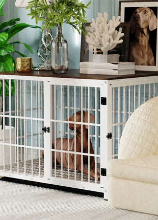 Furniture Large Wooden Dog Crate Indoor Elevated Dog Kennel End Table Lattice Playpen with 3 Doors Removable Tray