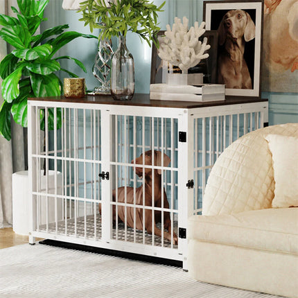 Furniture Large Wooden Dog Crate Indoor Elevated Dog Kennel End Table Lattice Playpen with 3 Doors Removable Tray