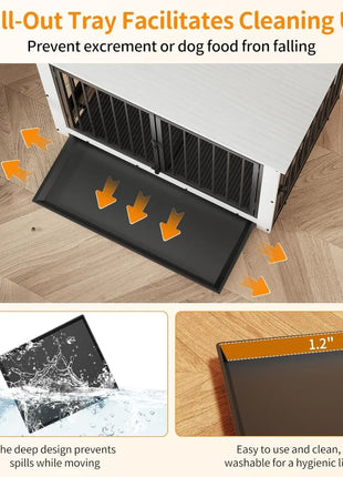 Dog crate with pull-out tray on a wooden floor, highlighting features like spill prevention and ease of cleaning.