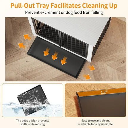Dog crate with pull-out tray on a wooden floor, highlighting features like spill prevention and ease of cleaning.