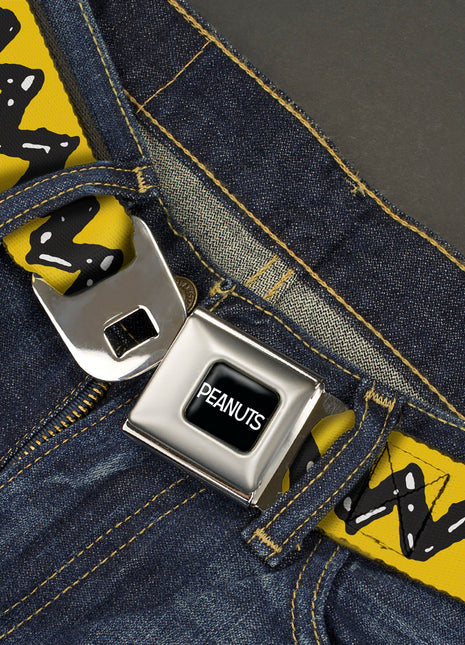 PEANUTS Title Logo Full Color Black/White Seatbelt Belt - Peanuts Charlie Brown Zig Zag Stripe Yellow/Black Webbing
