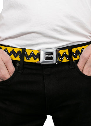 PEANUTS Title Logo Full Color Black/White Seatbelt Belt - Peanuts Charlie Brown Zig Zag Stripe Yellow/Black Webbing