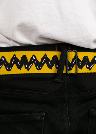 PEANUTS Title Logo Full Color Black/White Seatbelt Belt - Peanuts Charlie Brown Zig Zag Stripe Yellow/Black Webbing