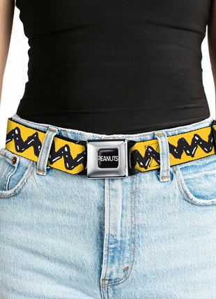 PEANUTS Title Logo Full Color Black/White Seatbelt Belt - Peanuts Charlie Brown Zig Zag Stripe Yellow/Black Webbing