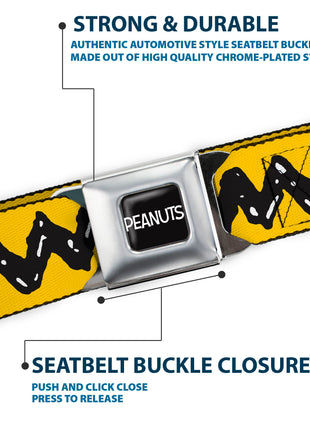 PEANUTS Title Logo Full Color Black/White Seatbelt Belt - Peanuts Charlie Brown Zig Zag Stripe Yellow/Black Webbing
