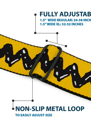 PEANUTS Title Logo Full Color Black/White Seatbelt Belt - Peanuts Charlie Brown Zig Zag Stripe Yellow/Black Webbing