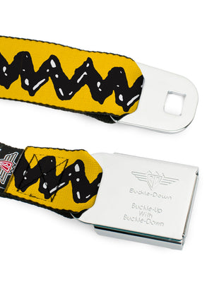 PEANUTS Title Logo Full Color Black/White Seatbelt Belt - Peanuts Charlie Brown Zig Zag Stripe Yellow/Black Webbing