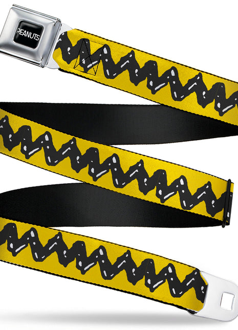 PEANUTS Title Logo Full Color Black/White Seatbelt Belt - Peanuts Charlie Brown Zig Zag Stripe Yellow/Black Webbing