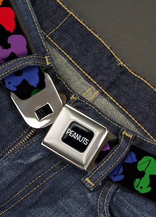 PEANUTS Title Logo Full Color Black/White Seatbelt Belt - Peanuts Snoopy Silhoutte Pose Black/Rainbow Multi Color Webbing