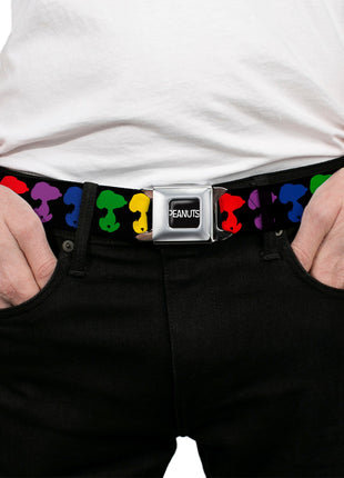PEANUTS Title Logo Full Color Black/White Seatbelt Belt - Peanuts Snoopy Silhoutte Pose Black/Rainbow Multi Color Webbing