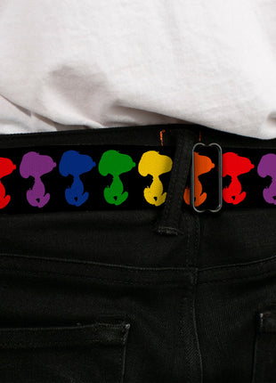 PEANUTS Title Logo Full Color Black/White Seatbelt Belt - Peanuts Snoopy Silhoutte Pose Black/Rainbow Multi Color Webbing