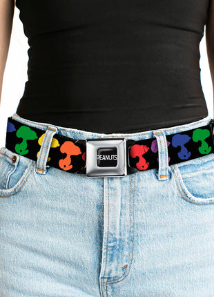 PEANUTS Title Logo Full Color Black/White Seatbelt Belt - Peanuts Snoopy Silhoutte Pose Black/Rainbow Multi Color Webbing