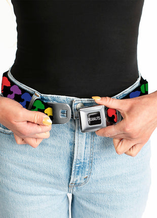 PEANUTS Title Logo Full Color Black/White Seatbelt Belt - Peanuts Snoopy Silhoutte Pose Black/Rainbow Multi Color Webbing
