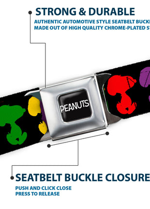 PEANUTS Title Logo Full Color Black/White Seatbelt Belt - Peanuts Snoopy Silhoutte Pose Black/Rainbow Multi Color Webbing