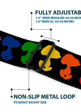 PEANUTS Title Logo Full Color Black/White Seatbelt Belt - Peanuts Snoopy Silhoutte Pose Black/Rainbow Multi Color Webbing