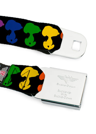 PEANUTS Title Logo Full Color Black/White Seatbelt Belt - Peanuts Snoopy Silhoutte Pose Black/Rainbow Multi Color Webbing