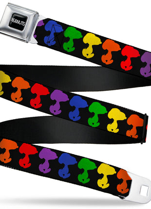 PEANUTS Title Logo Full Color Black/White Seatbelt Belt - Peanuts Snoopy Silhoutte Pose Black/Rainbow Multi Color Webbing