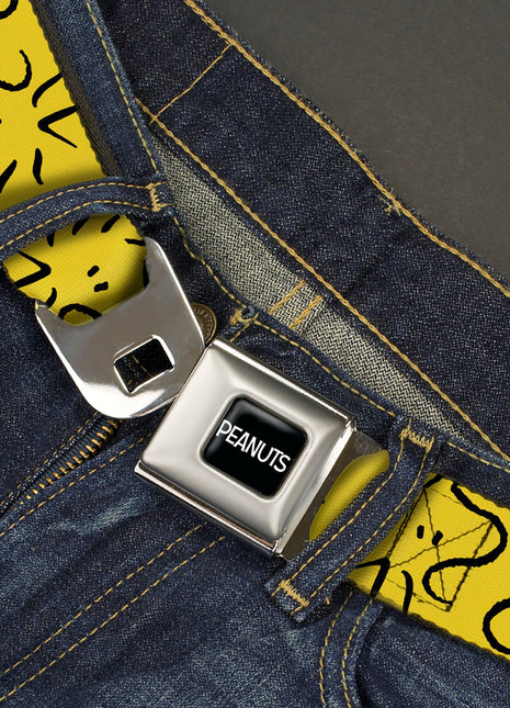 PEANUTS Title Logo Full Color Black/White Seatbelt Belt - Peanuts Woodstock Line Face Line Art Yellow/Black Webbing