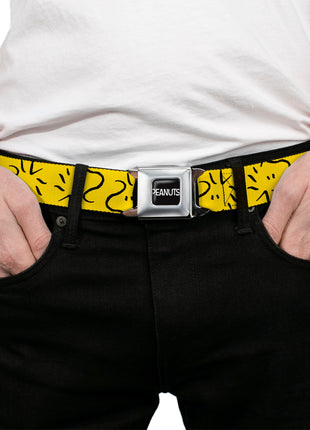 PEANUTS Title Logo Full Color Black/White Seatbelt Belt - Peanuts Woodstock Line Face Line Art Yellow/Black Webbing