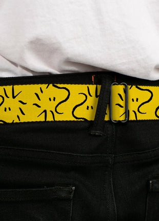 PEANUTS Title Logo Full Color Black/White Seatbelt Belt - Peanuts Woodstock Line Face Line Art Yellow/Black Webbing