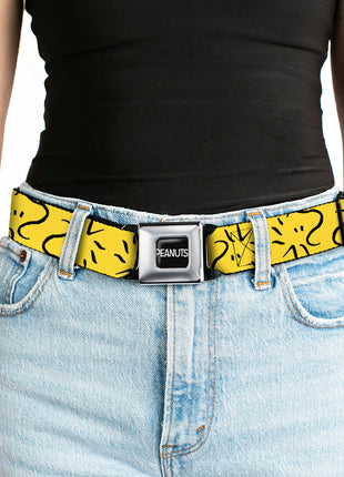 PEANUTS Title Logo Full Color Black/White Seatbelt Belt - Peanuts Woodstock Line Face Line Art Yellow/Black Webbing