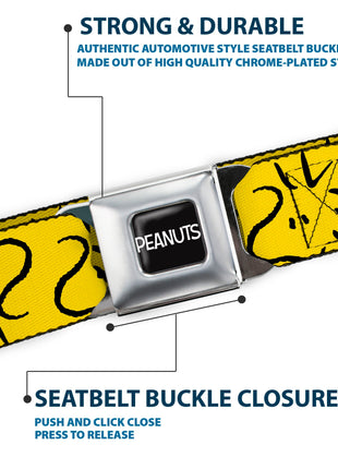 PEANUTS Title Logo Full Color Black/White Seatbelt Belt - Peanuts Woodstock Line Face Line Art Yellow/Black Webbing