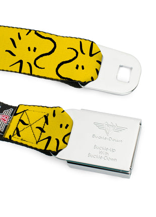 PEANUTS Title Logo Full Color Black/White Seatbelt Belt - Peanuts Woodstock Line Face Line Art Yellow/Black Webbing