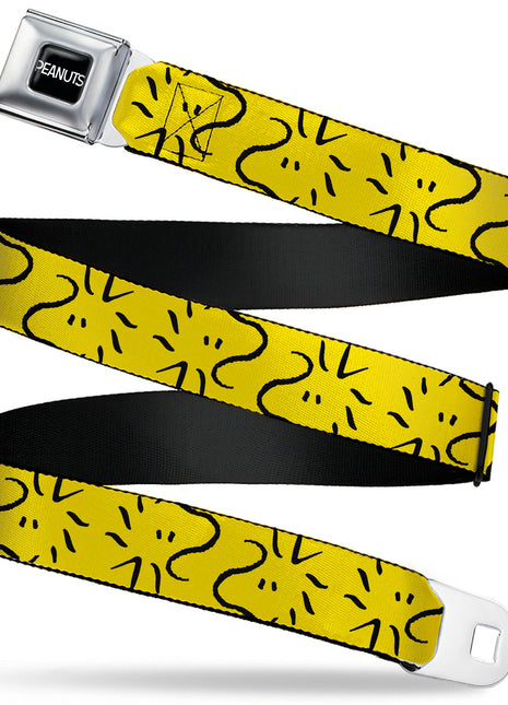 PEANUTS Title Logo Full Color Black/White Seatbelt Belt - Peanuts Woodstock Line Face Line Art Yellow/Black Webbing