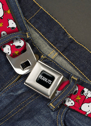 PEANUTS Title Logo Full Color Black/White Seatbelt Belt - Peanuts Snoopy and Woodstock Poses Scattered Red Webbing