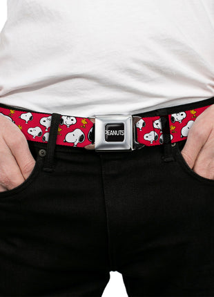 PEANUTS Title Logo Full Color Black/White Seatbelt Belt - Peanuts Snoopy and Woodstock Poses Scattered Red Webbing