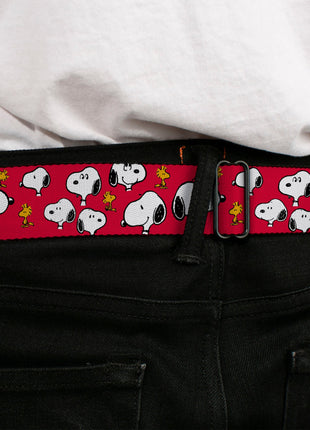 PEANUTS Title Logo Full Color Black/White Seatbelt Belt - Peanuts Snoopy and Woodstock Poses Scattered Red Webbing