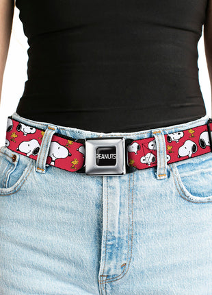 PEANUTS Title Logo Full Color Black/White Seatbelt Belt - Peanuts Snoopy and Woodstock Poses Scattered Red Webbing
